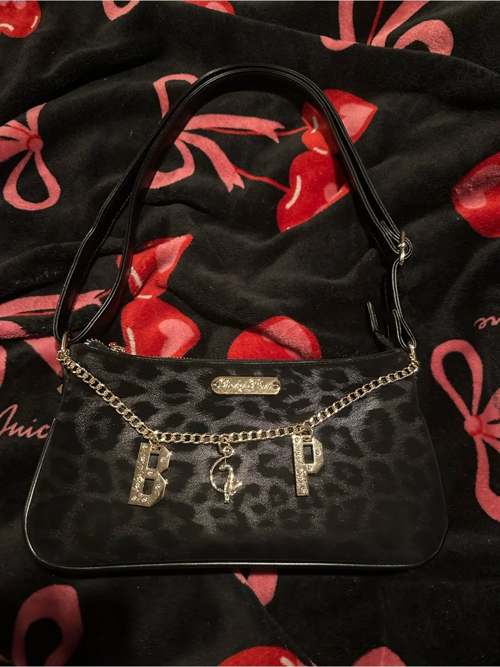 Baby Phat Black Leopard-Print Shoulder Bag with Gold Charm Chain